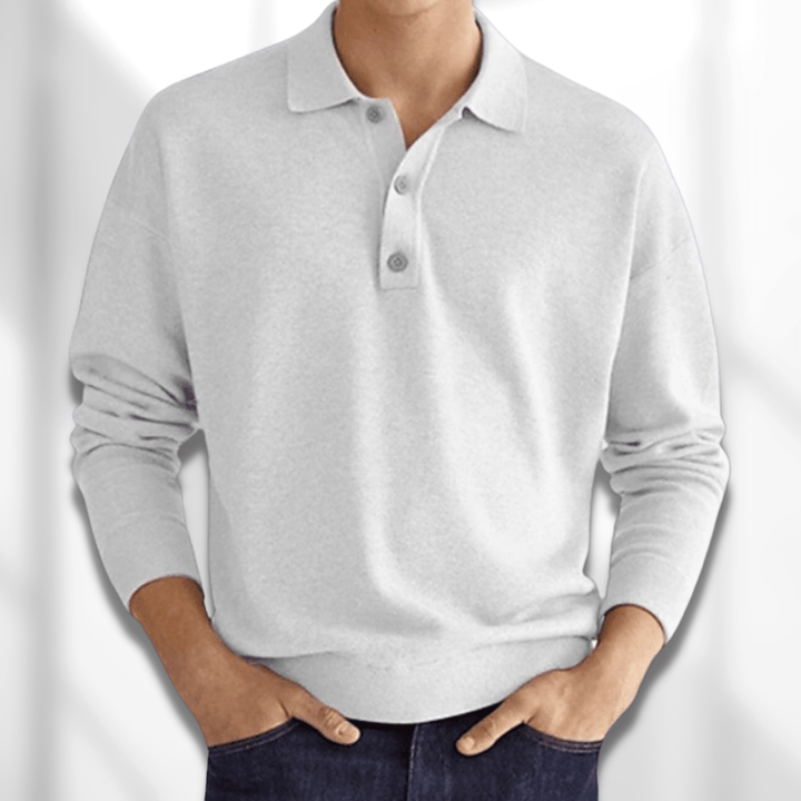 Versatile men's long sleeve knit polo sweater for fall & winter. Smart casual top, everyday comfort, relaxed fit.