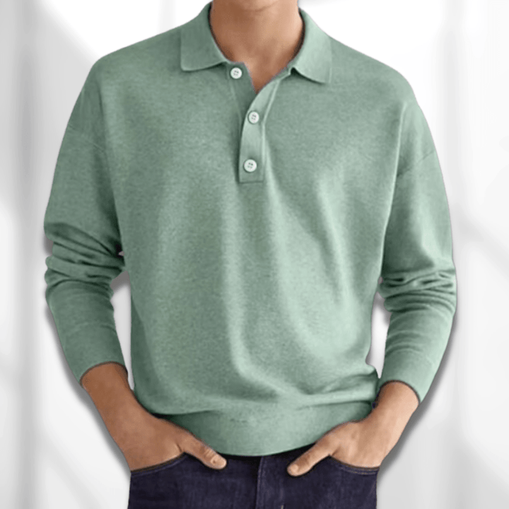 Men's long sleeve knit polo shirt, featuring a button placket, for a smart casual look and everyday comfort.