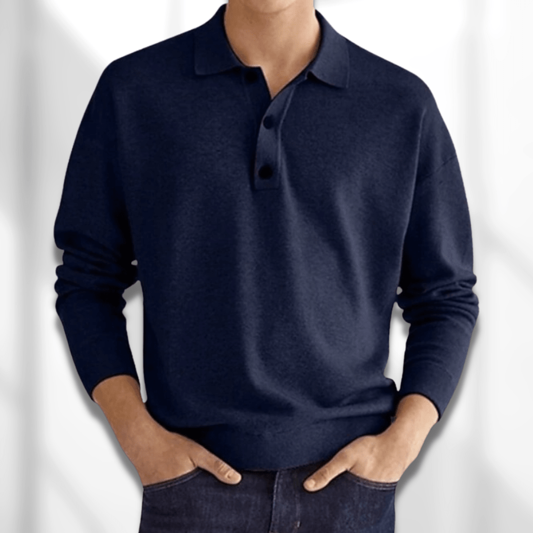 Soft knit men's long sleeve polo shirt, offering a relaxed fit for stylish casual wear or smart casual occasions.