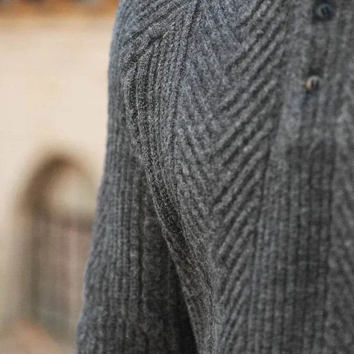 Men's fashion long sleeve knit zip polo, offering a smart casual style for autumn.