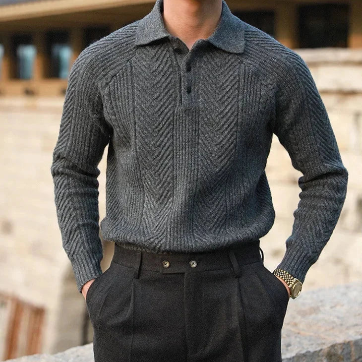 Collared, ribbed knit long sleeve zip polo for men, perfect for autumn winter casual wear.