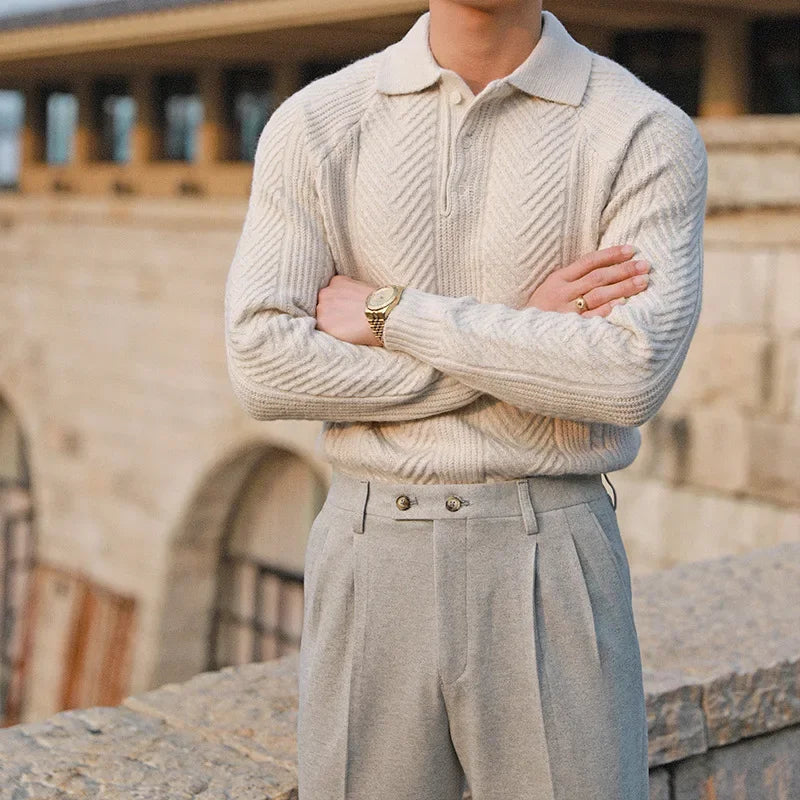Smart casual men's long sleeve zip polo, ribbed knit, perfect for autumn & winter fashion.