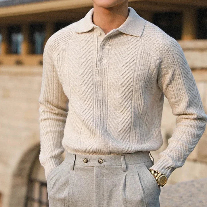 Comfortable men's long sleeve knit zip polo, ideal for casual and smart casual outfits.