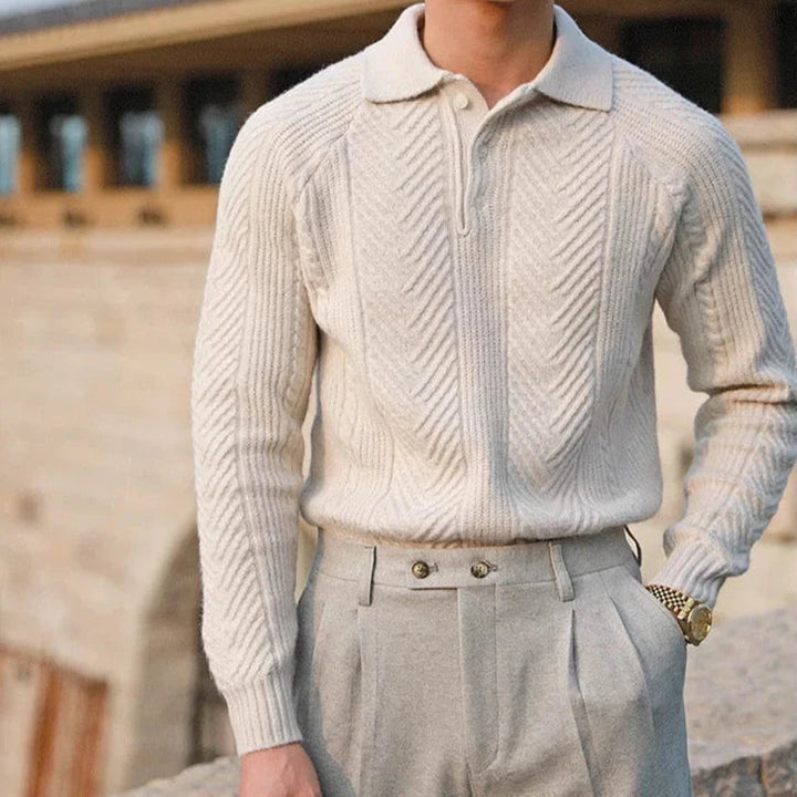 Ribbed knit long sleeve zip polo for men, a comfortable & stylish autumn/winter top.