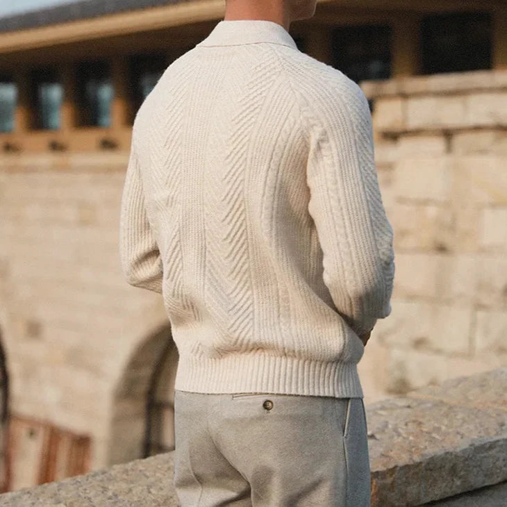 Men's long sleeve knit zip polo, essential winter top with a collared, smart casual look.