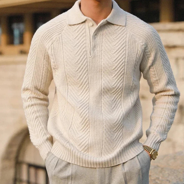 Stylish men's long sleeve knit zip polo shirt, ideal for smart casual or casual wear.