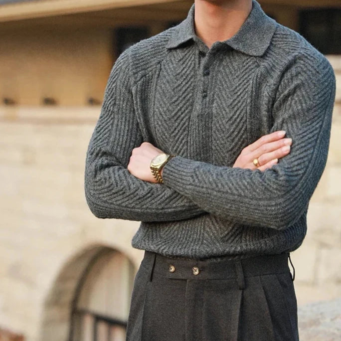 Versatile men's long sleeve zip polo, a comfortable knit collared shirt for any season.