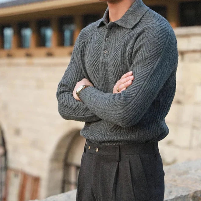 Men's long sleeve knit zip polo shirt, a comfortable and stylish everyday top.