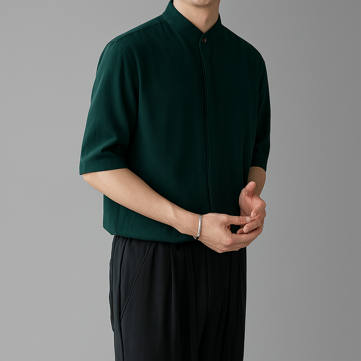 Men's long-sleeve mandarin collar shirt, relaxed fit, perfect for elegant casual spring & summer wear.