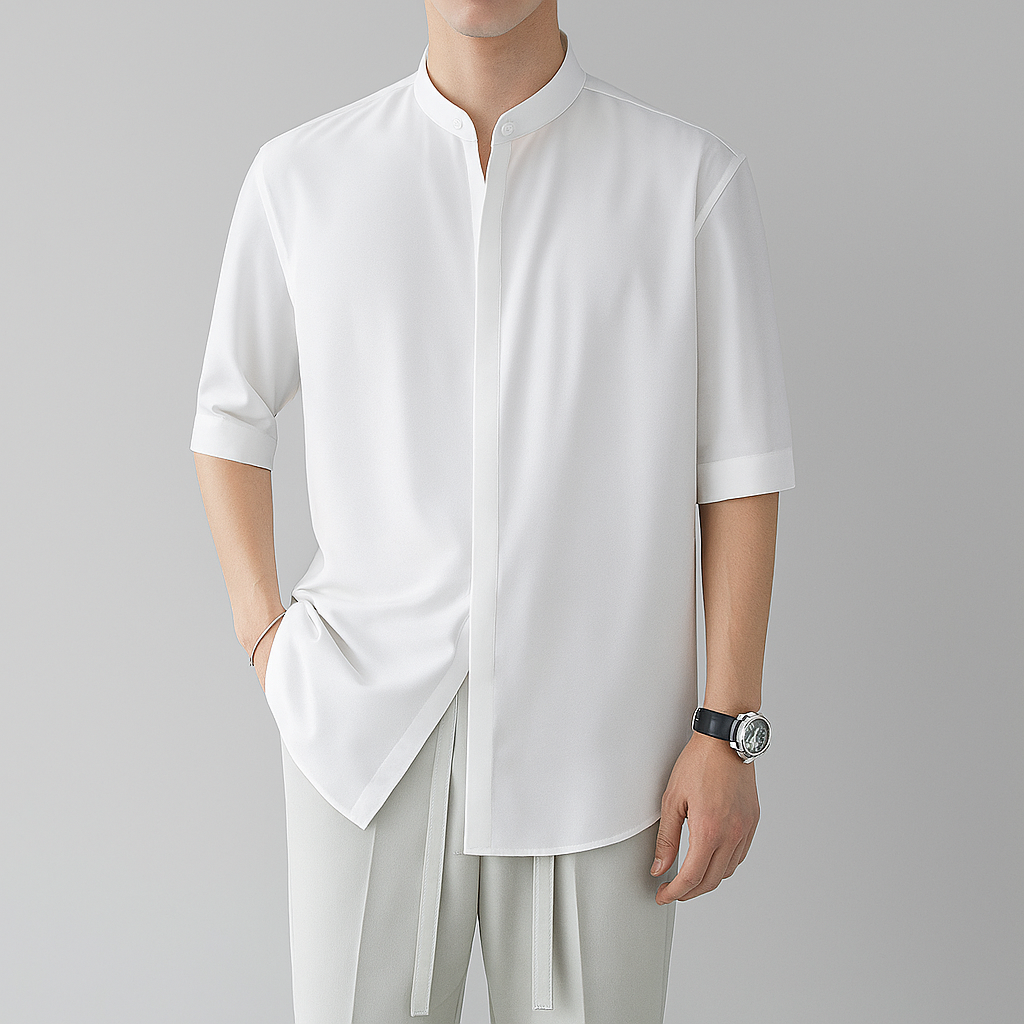 Stylish men's collarless long-sleeve shirt with mandarin collar, versatile for spring and summer menswear.