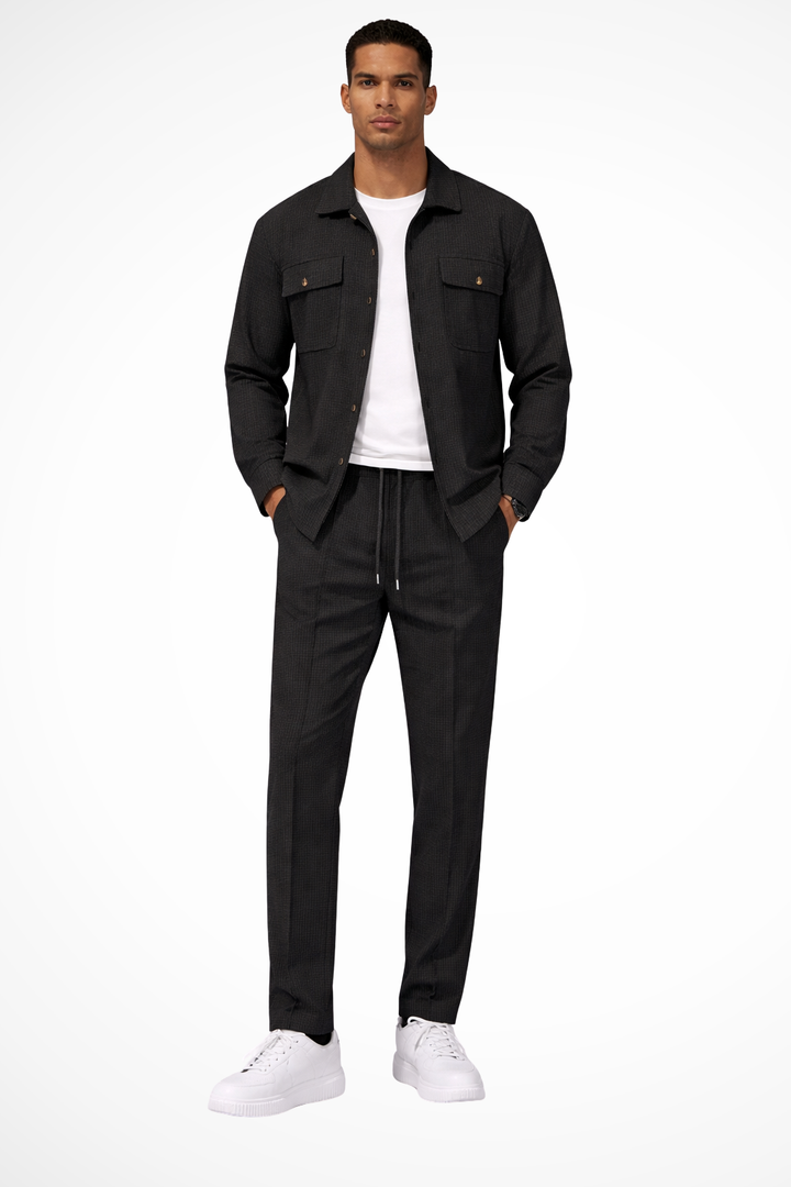 Men's long sleeve overshirt and straight leg trousers coordinated set.