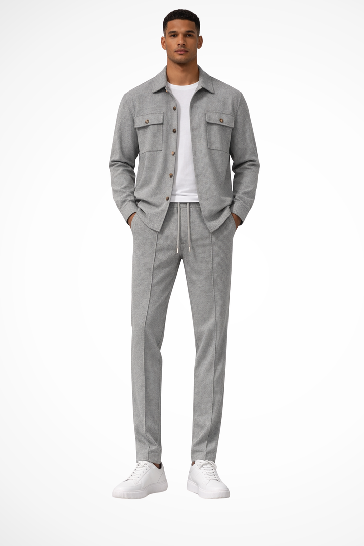 Comfortable men's long sleeve overshirt paired with classic straight leg trousers.