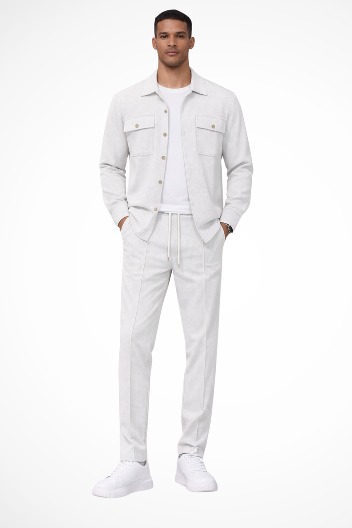 Smart casual men's set featuring a long sleeve overshirt and straight leg pants.
