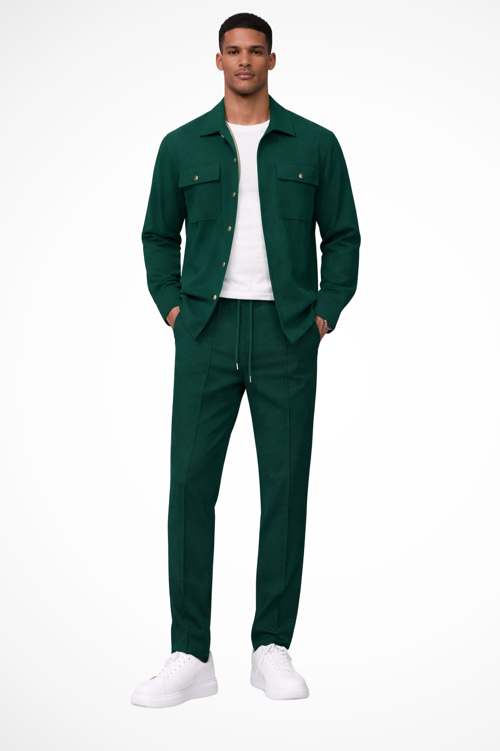 Model wearing the men's long sleeve overshirt and straight leg trouser set.