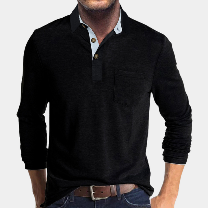 Stylish men's long sleeve polo with a chest pocket, a versatile top for casual and everyday wear.