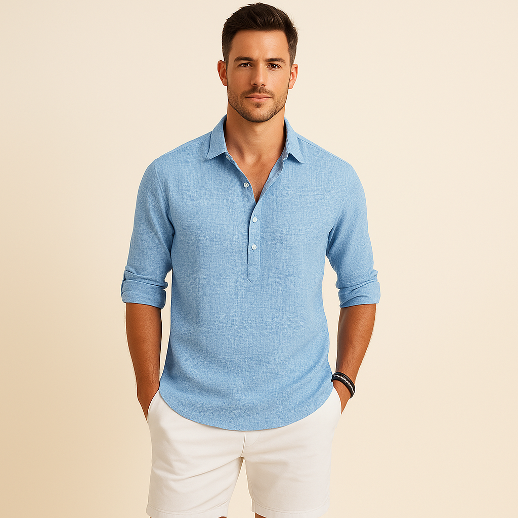 Men's long sleeve polo shirt, relaxed fit, button neck design. Comfortable & versatile for smart casual or everyday wear.