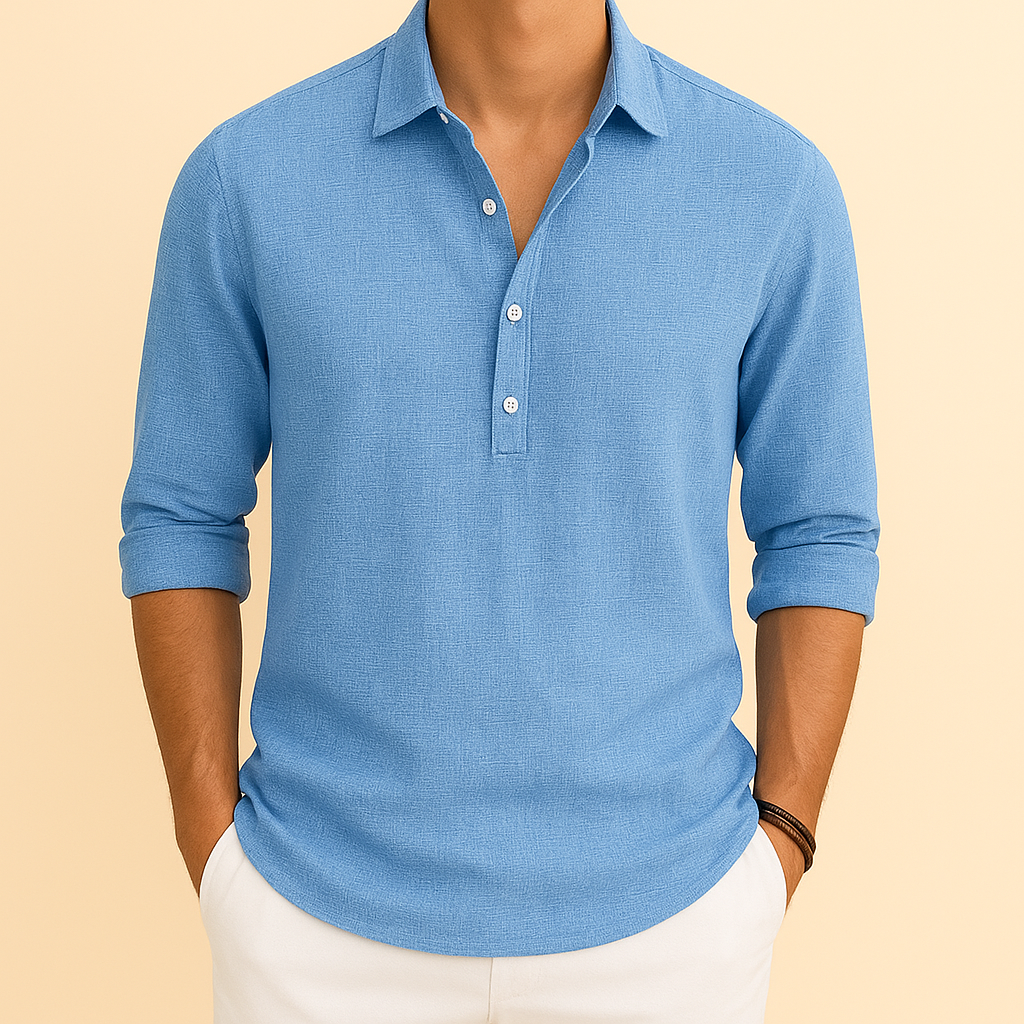 Light blue men's long sleeve polo shirt, relaxed fit, button neck. Stylish & comfortable for casual men's fashion.