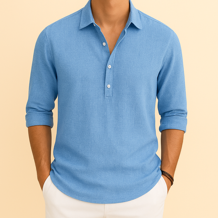 Light blue men's long sleeve polo shirt, relaxed fit, button neck. Stylish & comfortable for casual men's fashion.