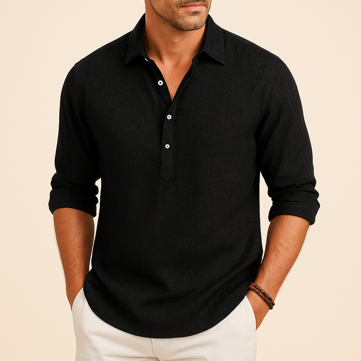Black men's long sleeve polo shirt, relaxed fit, button neck top. A versatile choice for smart casual and daily wear.