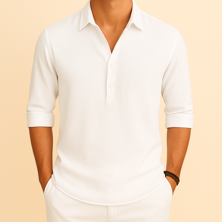 White men's long sleeve polo shirt, relaxed fit, button neck. Classic, comfortable men's fashion staple for any occasion.