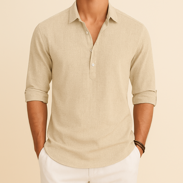 Grey men's long sleeve polo shirt, relaxed fit, button neck. Perfect for comfort & a smart casual everyday look.