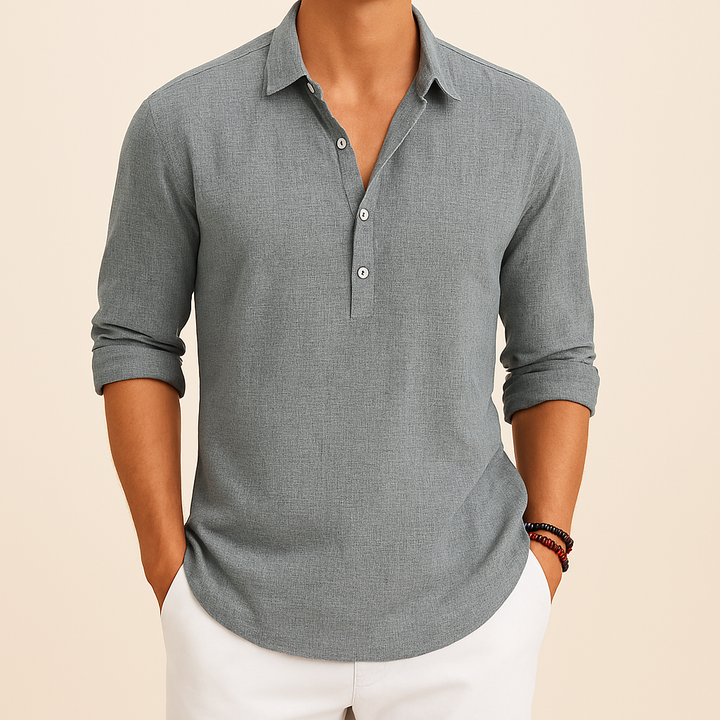 Green men's long sleeve polo shirt, relaxed fit, button neck top. A fresh, comfortable addition to men's fashion.