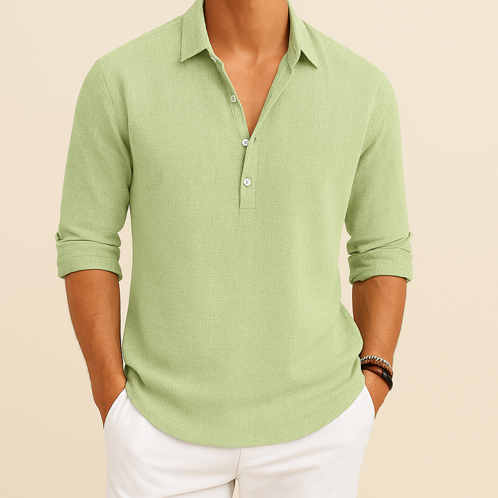 Beige men's long sleeve polo shirt, relaxed fit, button neck. Earthy tone, ideal for comfortable smart casual style.