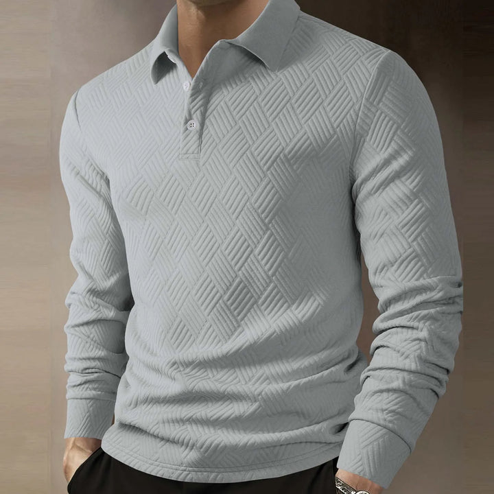 Versatile men's long sleeve textured polo for comfort & smart casual everyday wear.
