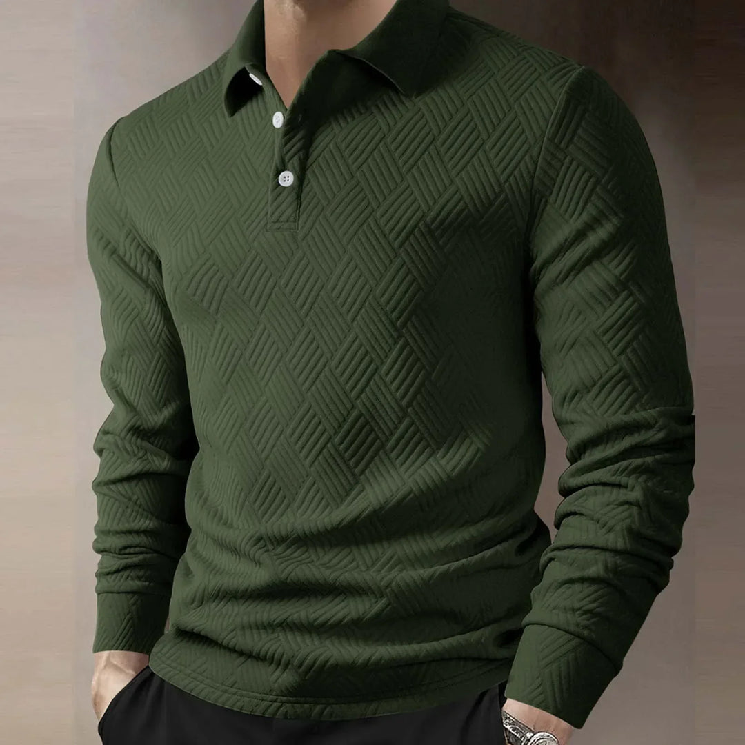 Elegant men's long sleeve textured polo shirt with button-down collar, sophisticated smart casual look.