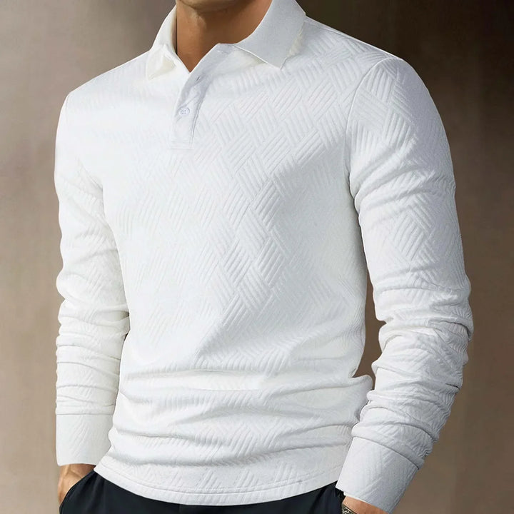 Smart casual men's textured long sleeve polo top, perfect for everyday fashion, comfortable fit.