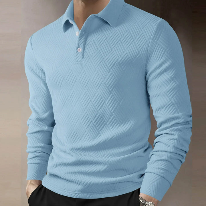 Sophisticated men's textured long sleeve polo, ideal for smart casual or versatile everyday wear.