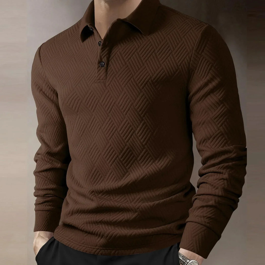 Comfortable men's long sleeve textured polo top, button-down design for a sophisticated smart casual look.
