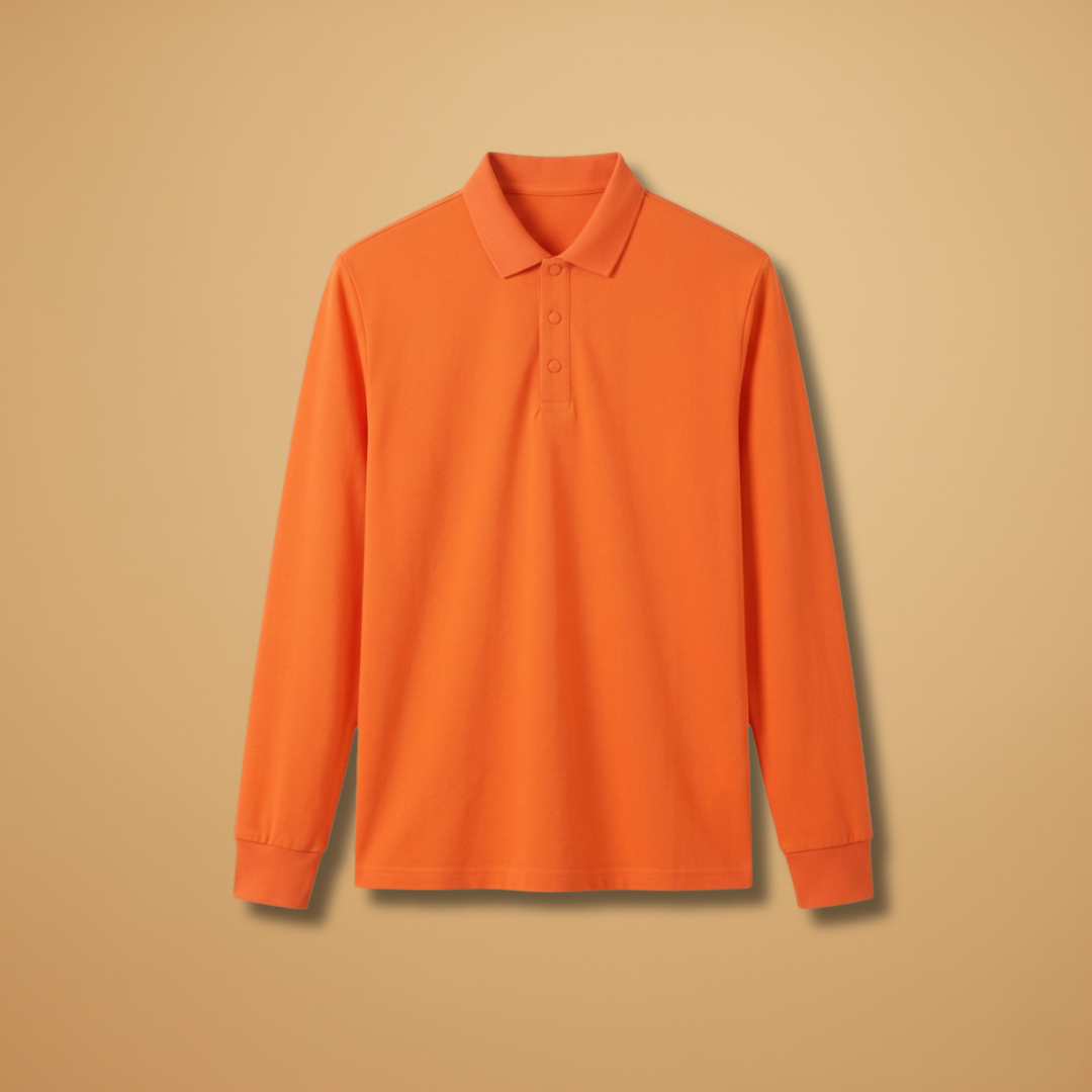 Men's long sleeve polo shirt with buttoned collar, classic style for smart casual wear.
