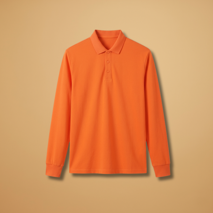Men's long sleeve polo shirt with buttoned collar, classic style for smart casual wear.