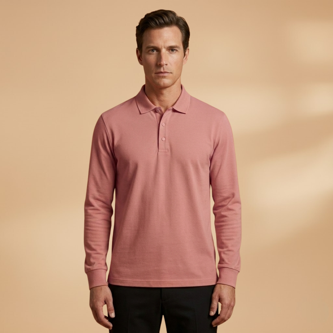 Textured knit men's long sleeve polo shirt with a smart button collar, ideal for layering.
