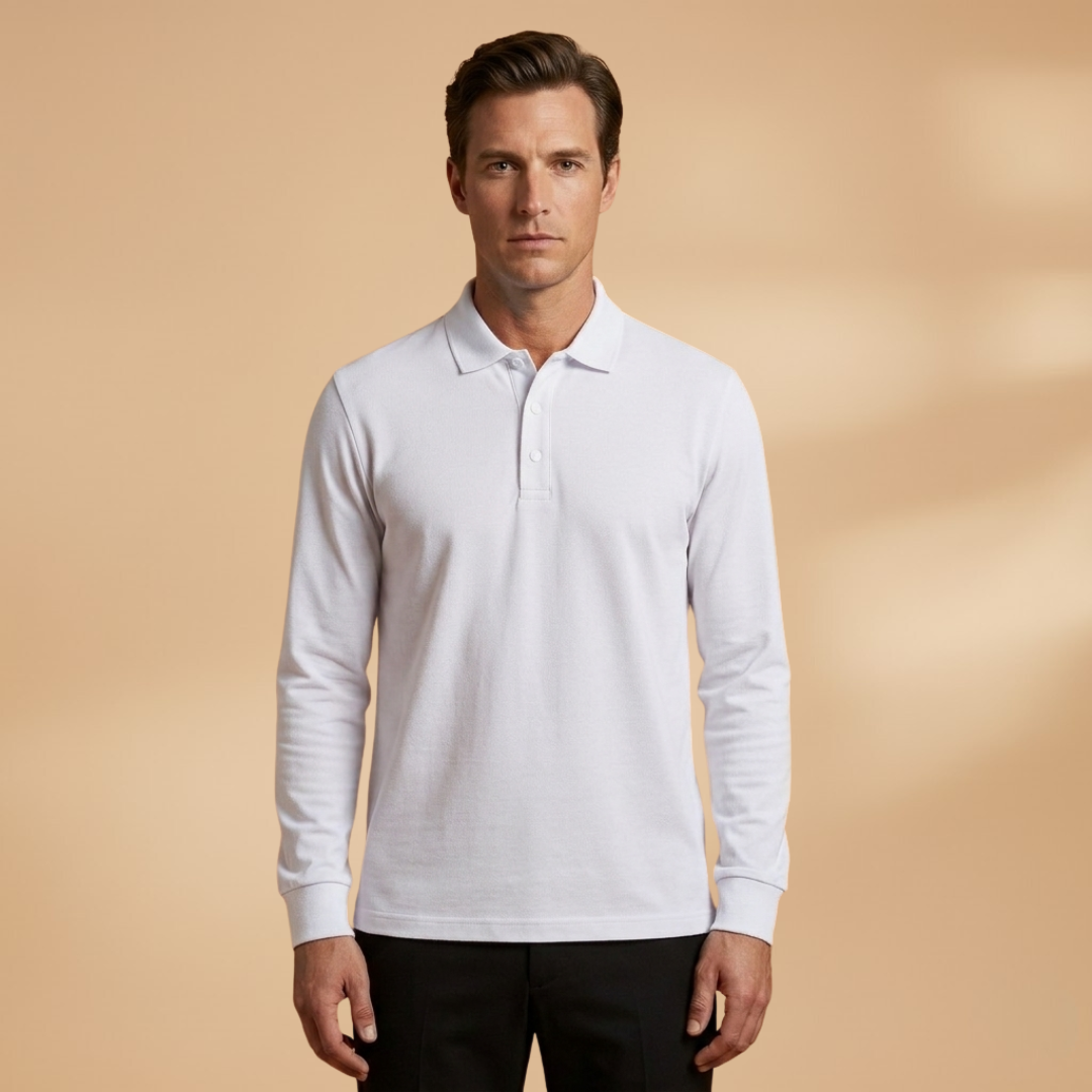 Modern interpretation of a classic: men's long sleeve polo shirt with buttoned collar.