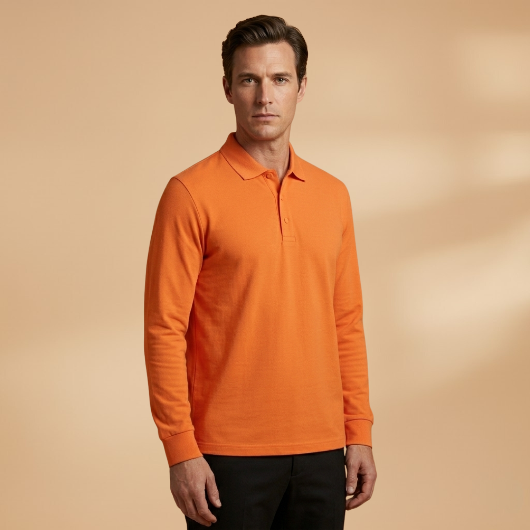 Close-up of the buttoned collar on a men's long sleeve polo shirt, highlighting smart details.