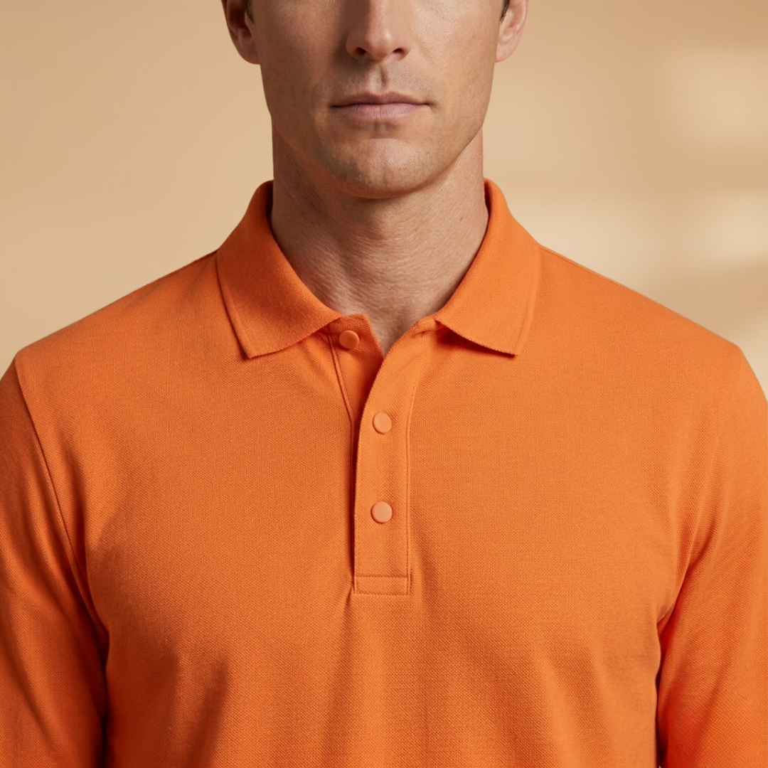 Model wearing a comfortable men's long sleeve button collar polo shirt, versatile for everyday.