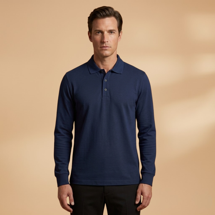 Durable men's long sleeve polo shirt with a secure button collar, perfect for autumn.