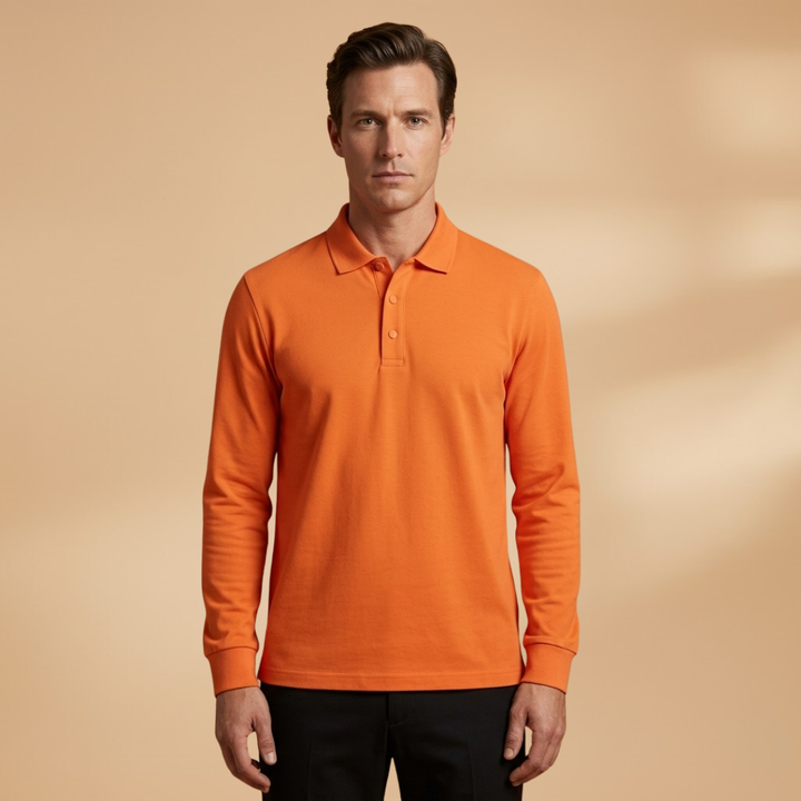 Stylish men's long sleeve polo shirt, featuring a buttoned collar for a refined look.