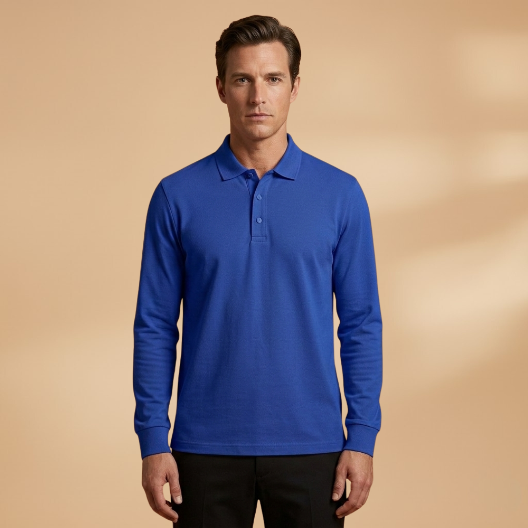 A man in a smart casual outfit: men's long sleeve button collar polo shirt.
