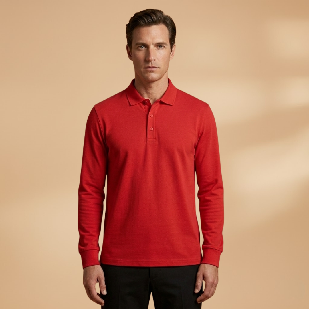 Wardrobe staple: men's long sleeve polo shirt with a distinguished buttoned collar.