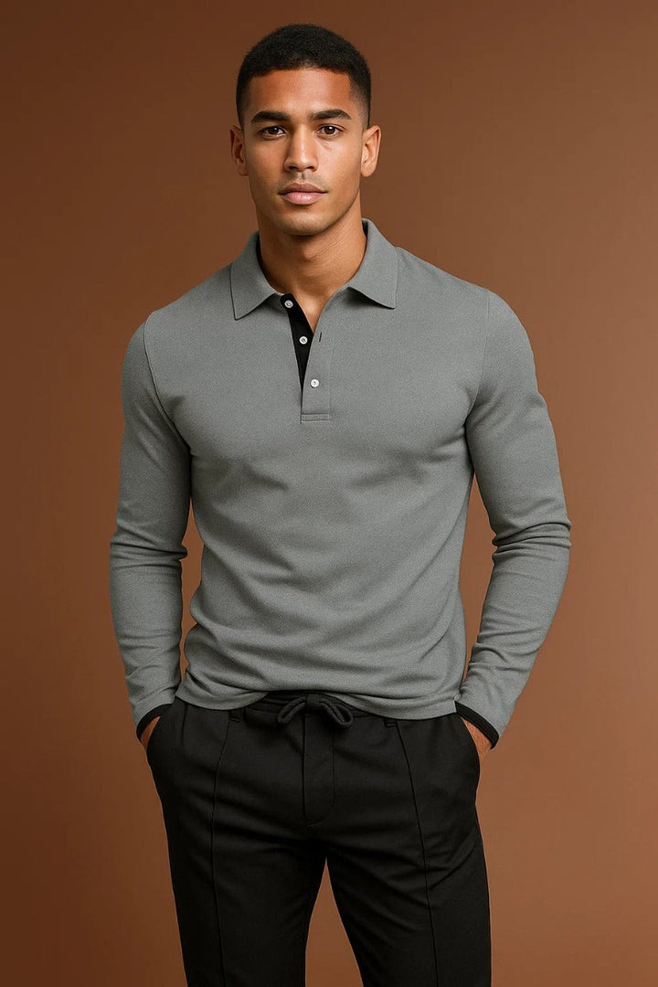 Men's long sleeve polo shirt with classic collar & button placket. Ideal for smart casual everyday wear.