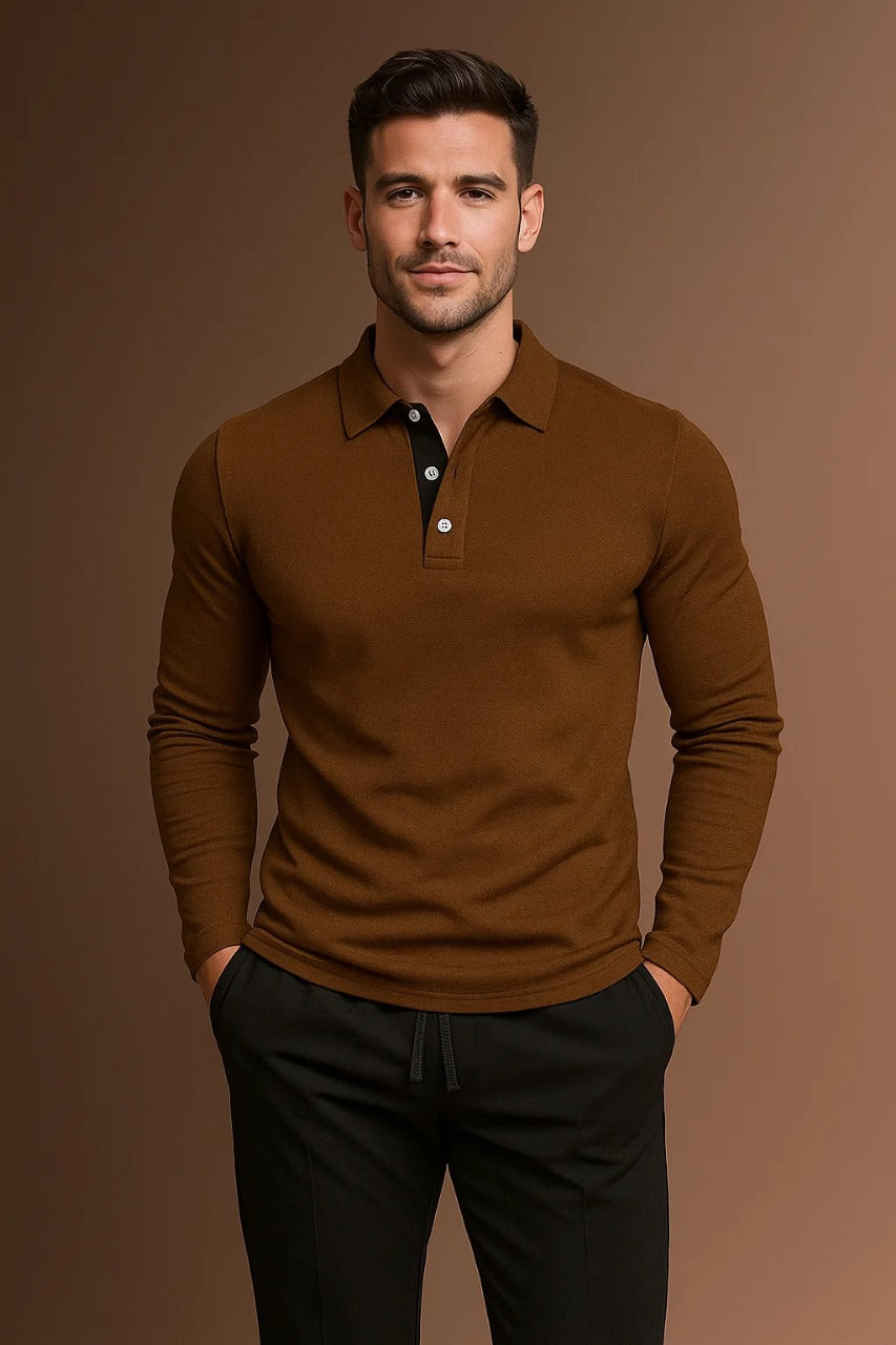 Classic men's long sleeve polo shirt. Perfect for smart casual outfits, featuring a collar & button placket.