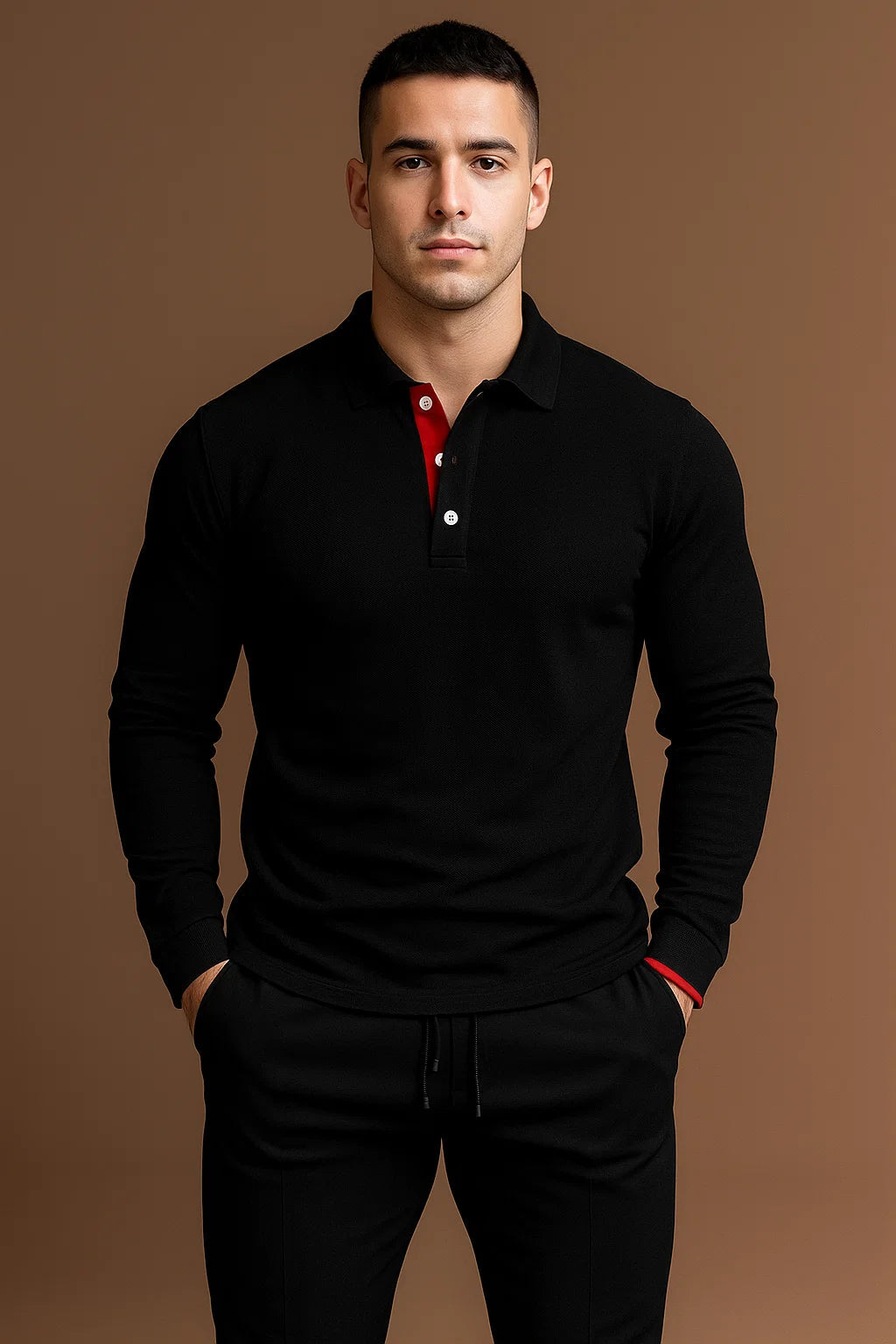 Stylish men's long sleeve polo shirt. Collared design with button placket offers a smart casual look.