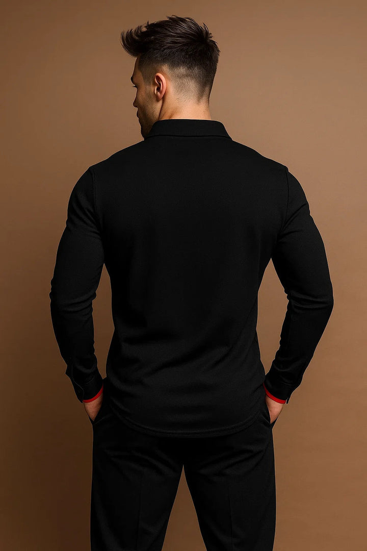 Men's long sleeve collared polo shirt. Features a practical button placket. Classic & comfortable.