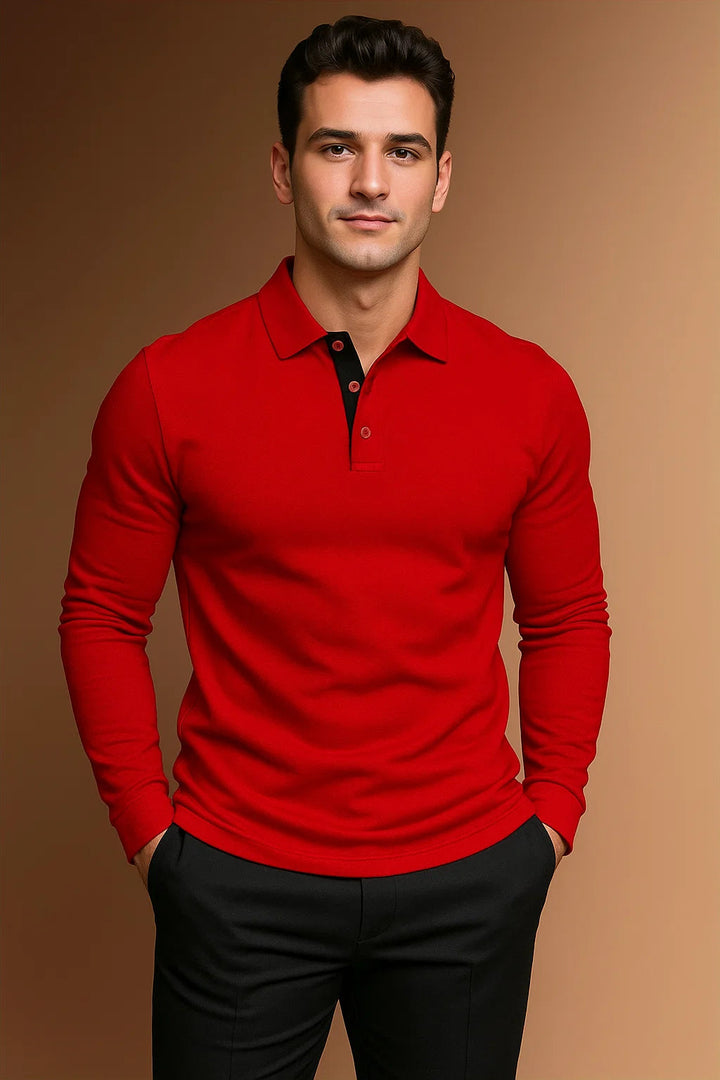 Everyday men's long sleeve polo shirt. Smart casual top with a classic collar and elegant button placket.