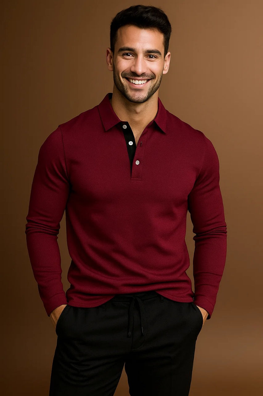 Long sleeve men's polo shirt. Collared top with button placket, perfect for comfortable smart casual fashion.