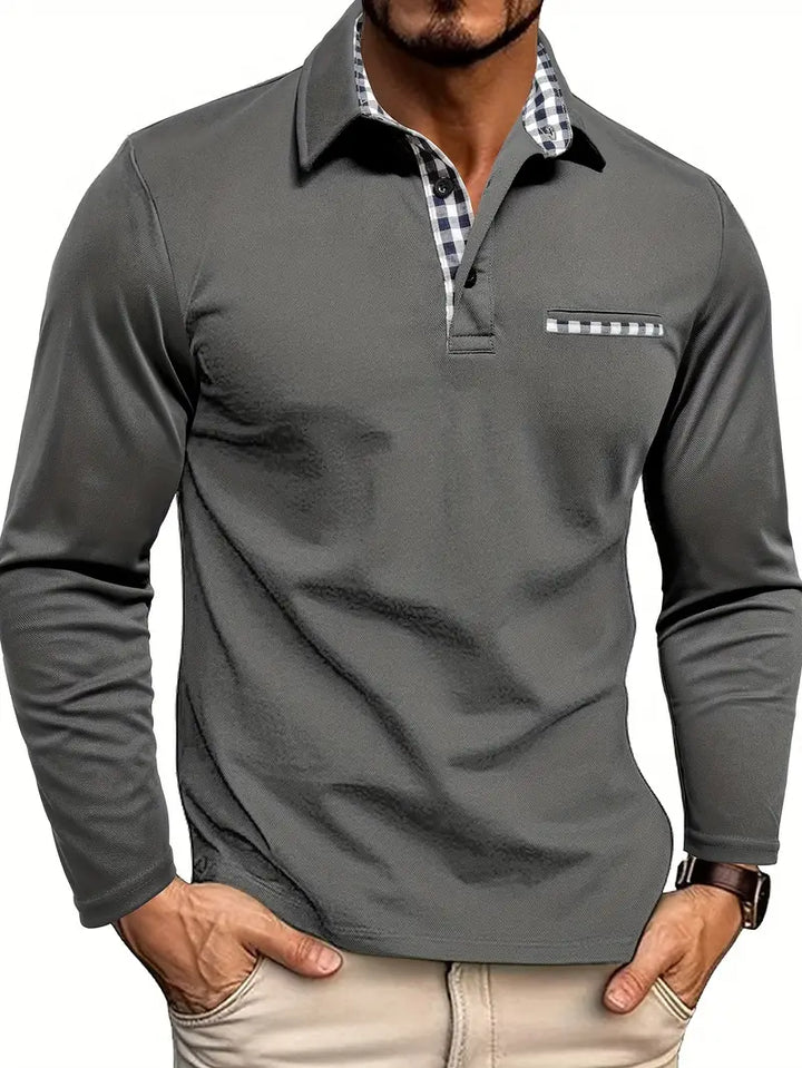 Men's long sleeve polo shirt with stylish check collar, perfect for smart casual or everyday fashion.