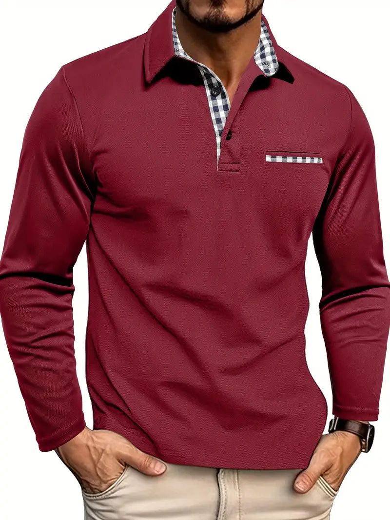 Versatile men's long sleeve polo top, comfortable for all-season wear, featuring subtle check details.